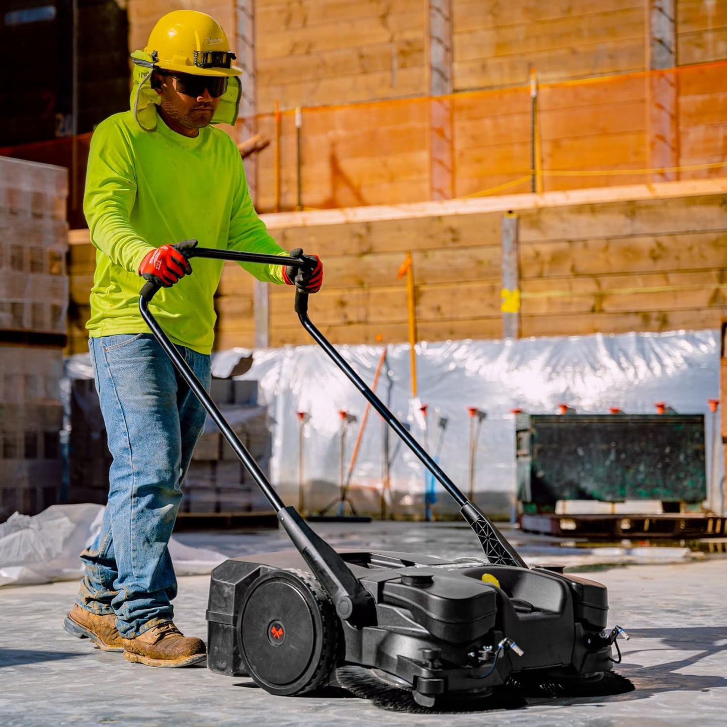 30" Battery Powered Push Sweeper with Triple Power Brooms Electric Drive and Dust Suppression (30" Sweeper)