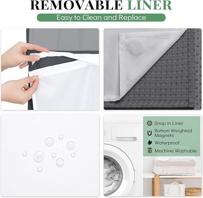 Dynamene Fabric Shower Curtain with Snap in Liner, Waffle Hotel Shower Curtains for Bathroom, Washable Waterproof Cloth Shower Curtain Liner Set with Hook, Mesh Top Window, 72x72, Charcoal Grey