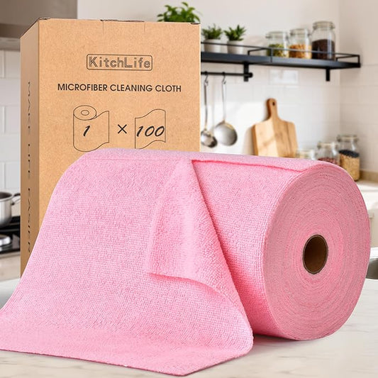 KitchLife Microfiber Cleaning Cloth Roll, 100 Pack - Tear-Away Microfiber Paper Towels, Lint-Free, Reusable, Washable for Kitchen, Car, Dishes, and Sensitive Surfaces (Pink)