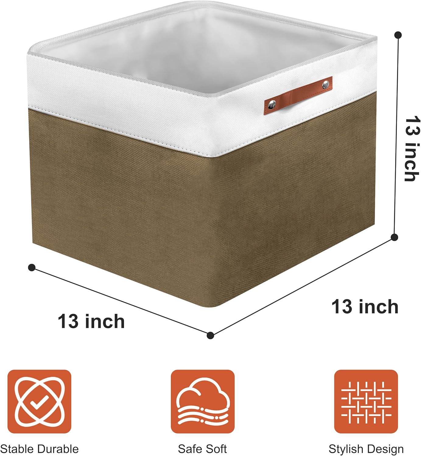 13in Open Fabric Storage Basket with Leather Handles for Organizing, Collapsible Linen Closet Bins for Shelves, Closets, Laundry, Decorative Basket for Gifts. (White＆Brown, 3PCS/13x13in)