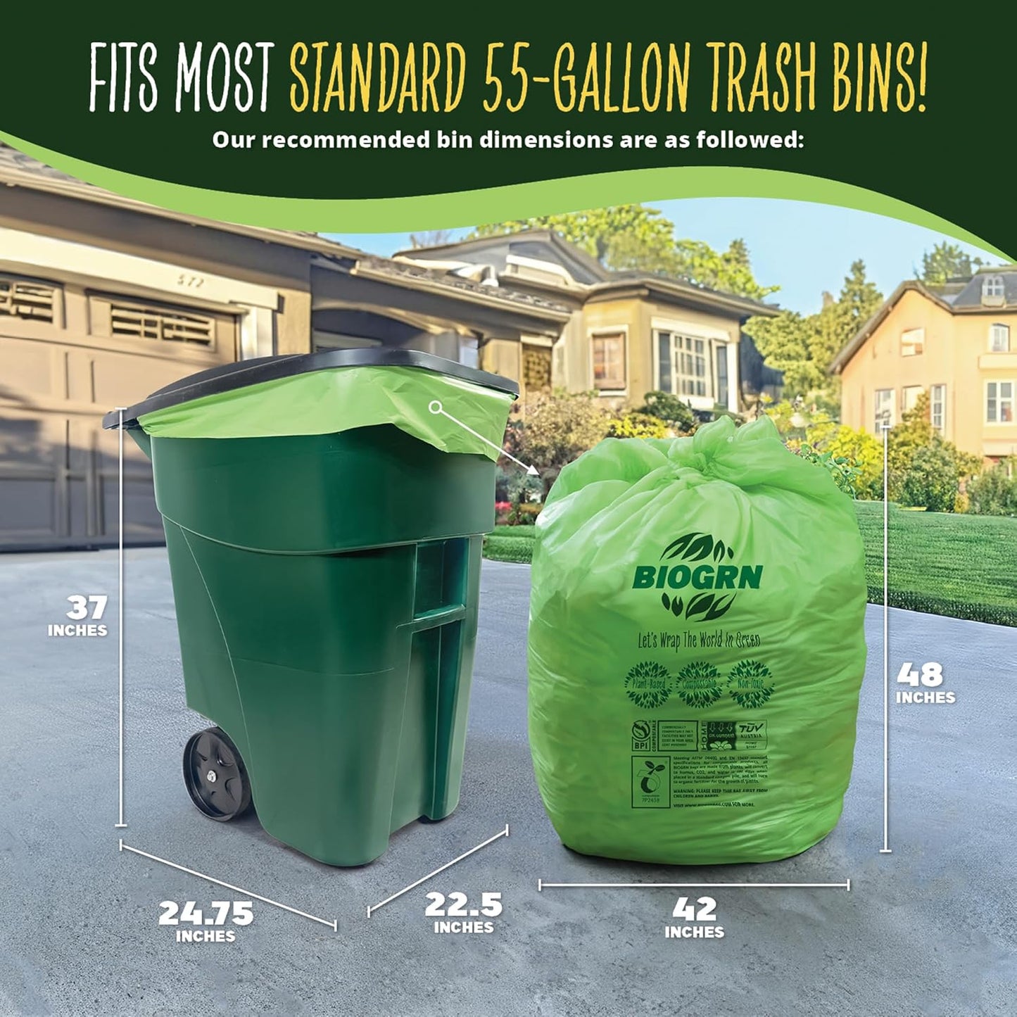 50-55 Gallon Compostable Trash Bags Flat-Top 12 Bags Heavy Duty 1.57 Mil 208.2 Liter Large Lawn and Yard Waste Bag Compost for Outdoor Garden ASTM D6400, US BPI and OK Compost Home Certified
