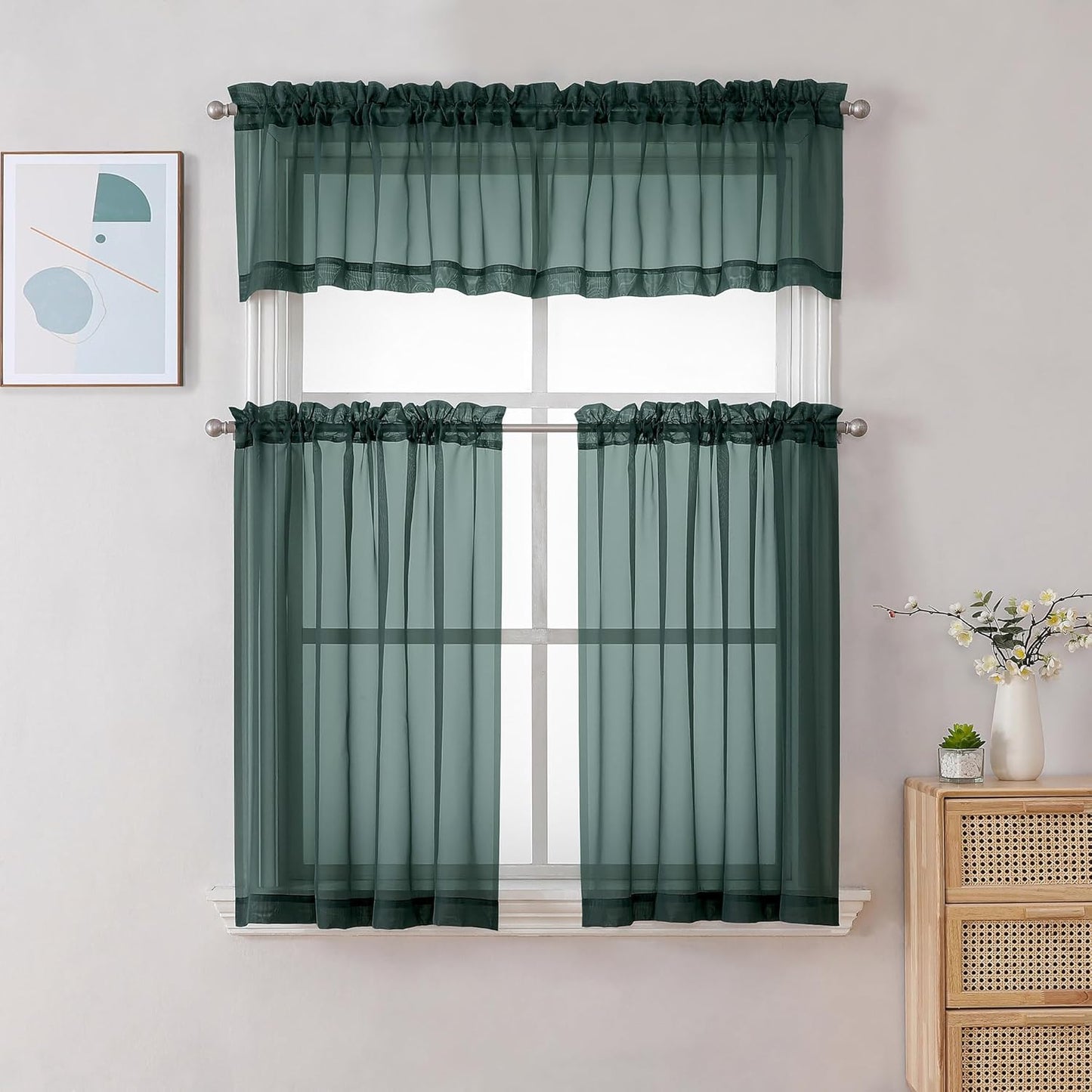 Chyhomenyc Sheer Valances for Windows 2 Pack, Small Window Curtains for Living Room Bathroom Cafe Laundry Basement, Modern Top Dual Rod Pocket Voile Curtain, 42W x 18L inches, Hunter Green
