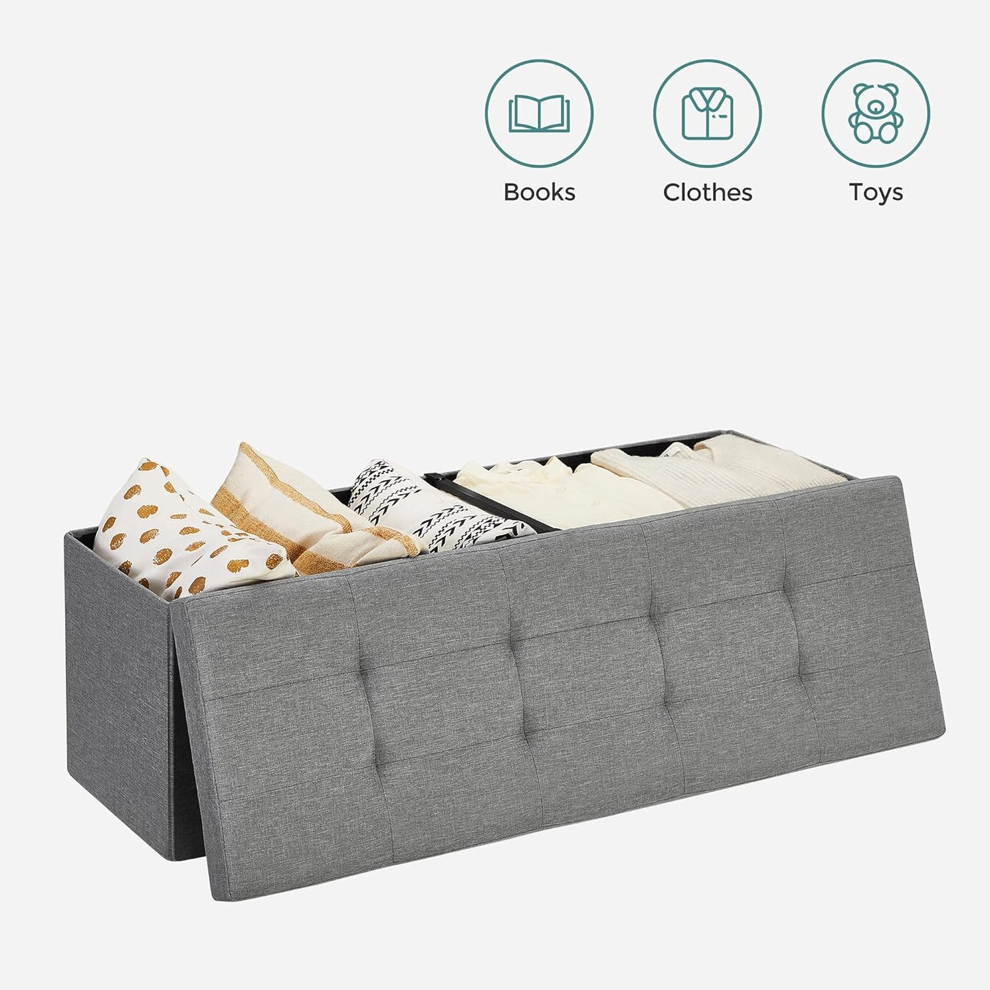 SONGMICS MAZIE Collection - 43 Inches Storage Ottoman, Foldable Storage Bench with Flipping Lid, 660 lb Load Capacity, for Entryway, Living Room, Bedroom, Light Gray ULSF71G