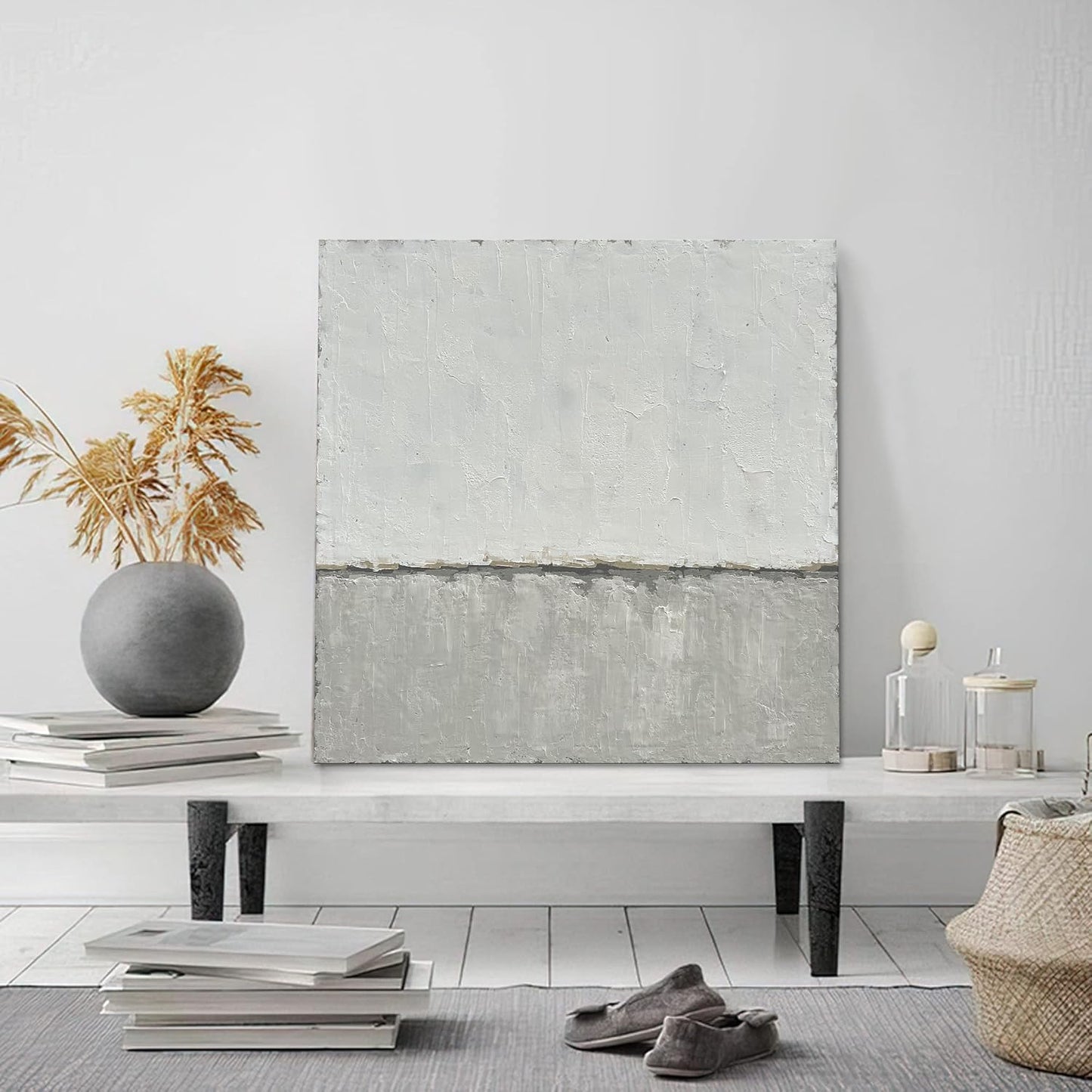NANKAI art Hand-painted abstract canvas wall art featuring a minimalist design in gray White acrylic painting Original modern home decoration art Can be hung directly on the wall. 24x24 inches