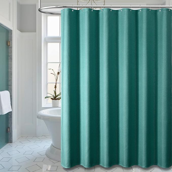Dynamene Extra Long Shower Curtain - 84 Inch Long Green Fabric Waffle Weave Heavy Duty Shower Curtain for Bathroom, Weighted Hotel Thick Cloth Shower Curtain Set with 12 Hooks,72x84, Seaweed Green