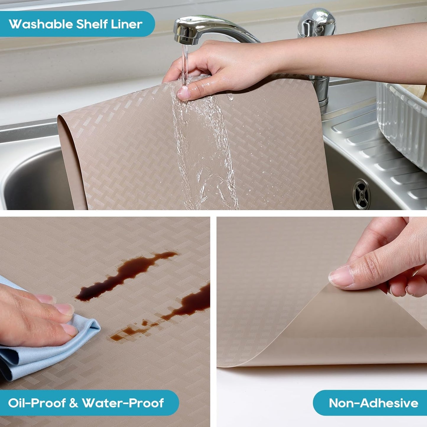 Beige Shelf Liners for Kitchen Cabinets Refrigerator Liners Waterproof & Oil-Proof Kitchen Cupboard Liner Drawer Mats EVA Material Non Adhesive Fridge Liner for Shelves 17.5 x 236.2 Inches