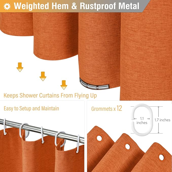 BTTN Extra Long Shower Curtain - 72x96 Inch Long Linen Textured Heavy Duty Fabric Shower Curtain Set with 12 Plastic Hooks, Tall Decorative Neutral Waterproof Shower Curtains for Bathroom, Orange