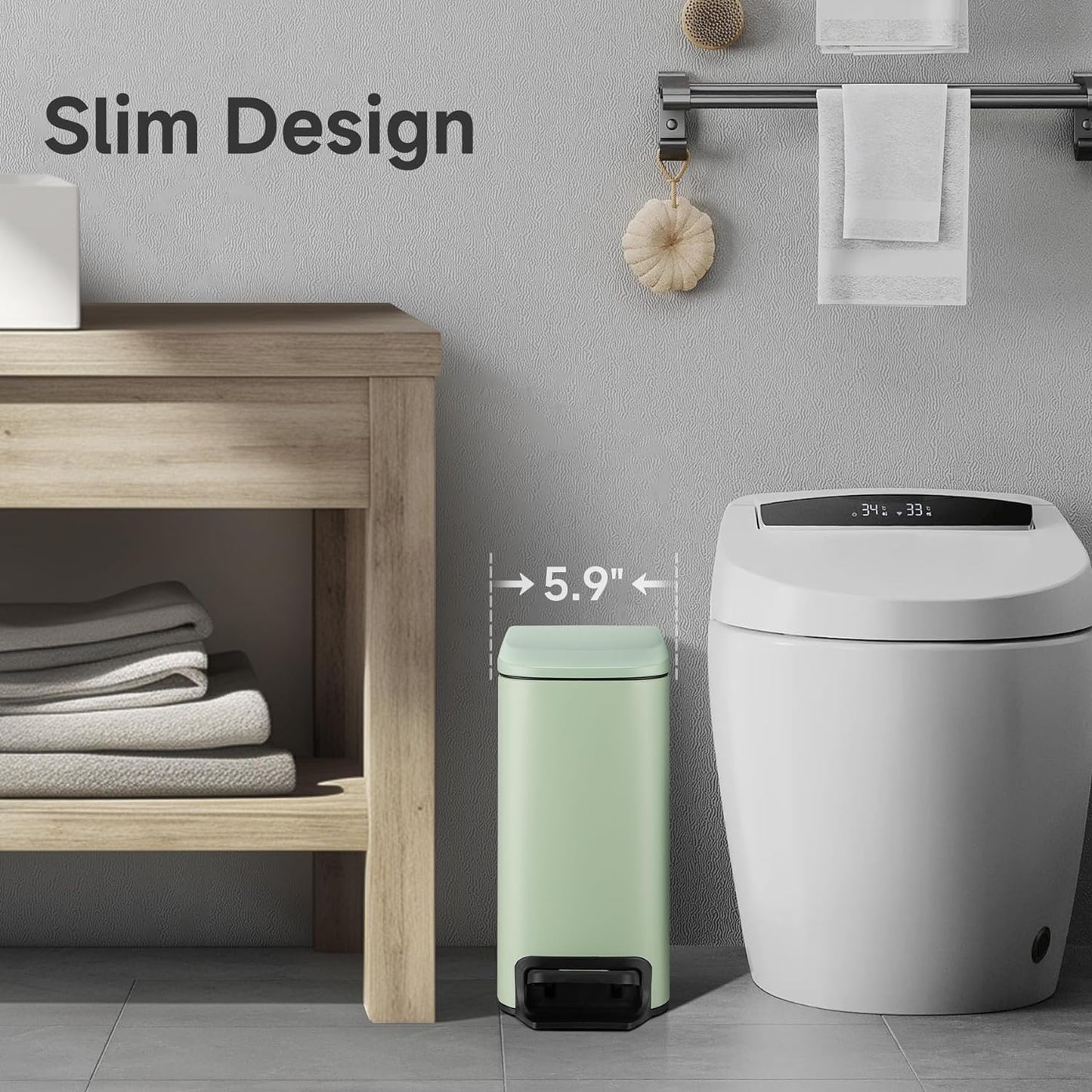TIPGO Slim Bathroom Trash Can with Lid Soft Close, 6 Liter / 1.6 Gallon Stainless Steel Garbage Can with Removable Inner Bucket, Step Pedal, Small Trash Cans for Bedroom, Office, Kitchen (Green)