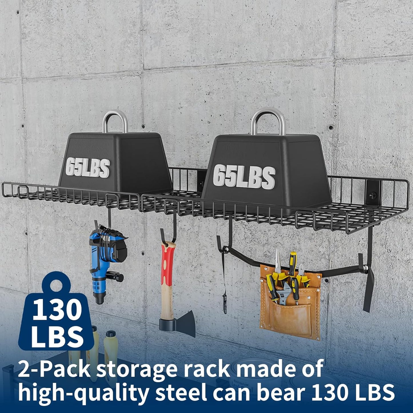 2 Pack Garage Wall Shelf, Wall Mounted Storage Shelves, Heavy Duty Metal Shelves for Room Wall, Loads 130 LBS Floating Shelves Mesh Storage Rack for Garage, Office, Basement,Wall Cabinet and Kitchen