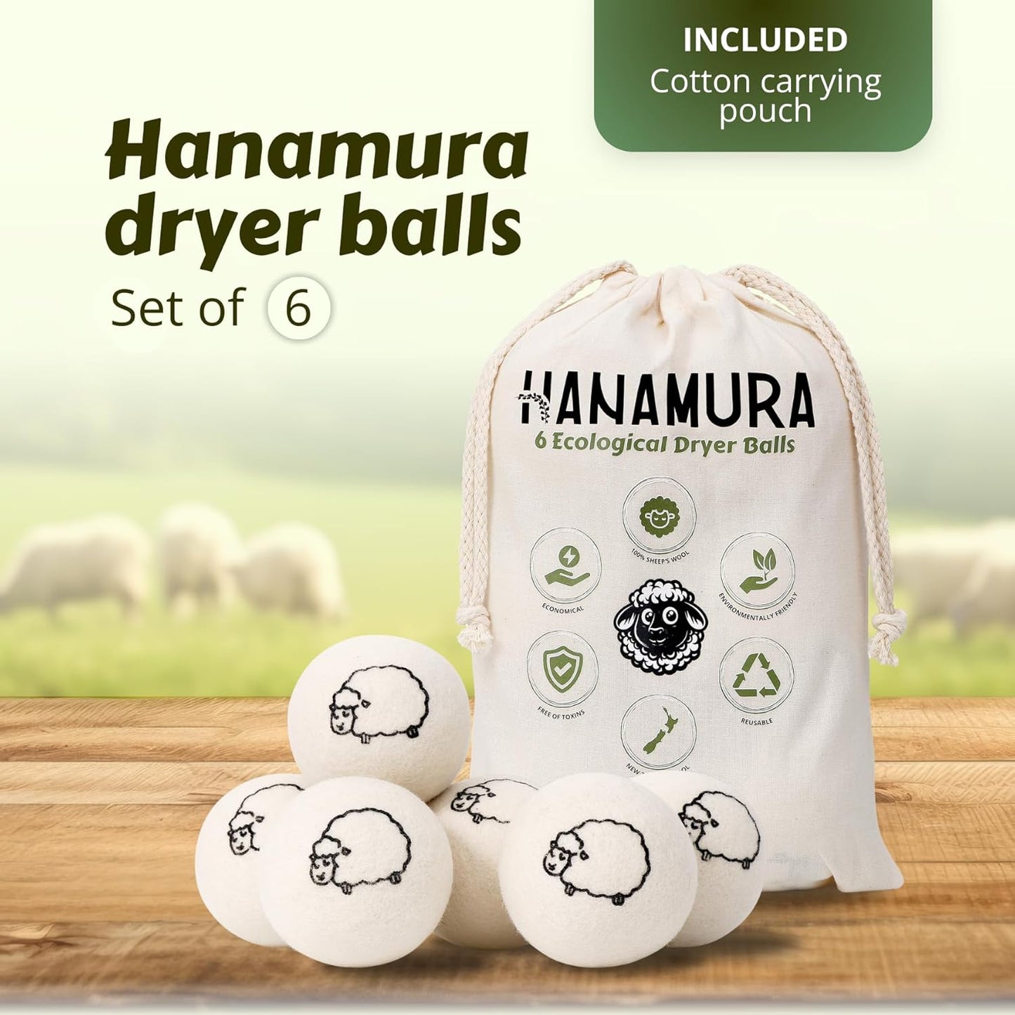 Hanamura 6 XXL Wool Dryer Balls - TÜV Tested 100% New Zealand Wool Balls for Dryer - Energy Saving & Baby-Safe Reusable Dryer Balls for Laundry - Non-Toxic Fabric Softener for WAD Free Laundry