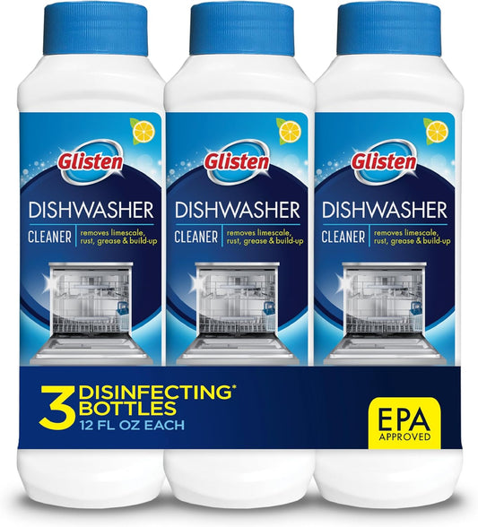 Glisten Dishwasher Cleaner, Removes Limescale, Rust, Buildup, and Grease, Lemon Scent, Made in the USA, 12 Ounce Bottle, 3-Pack