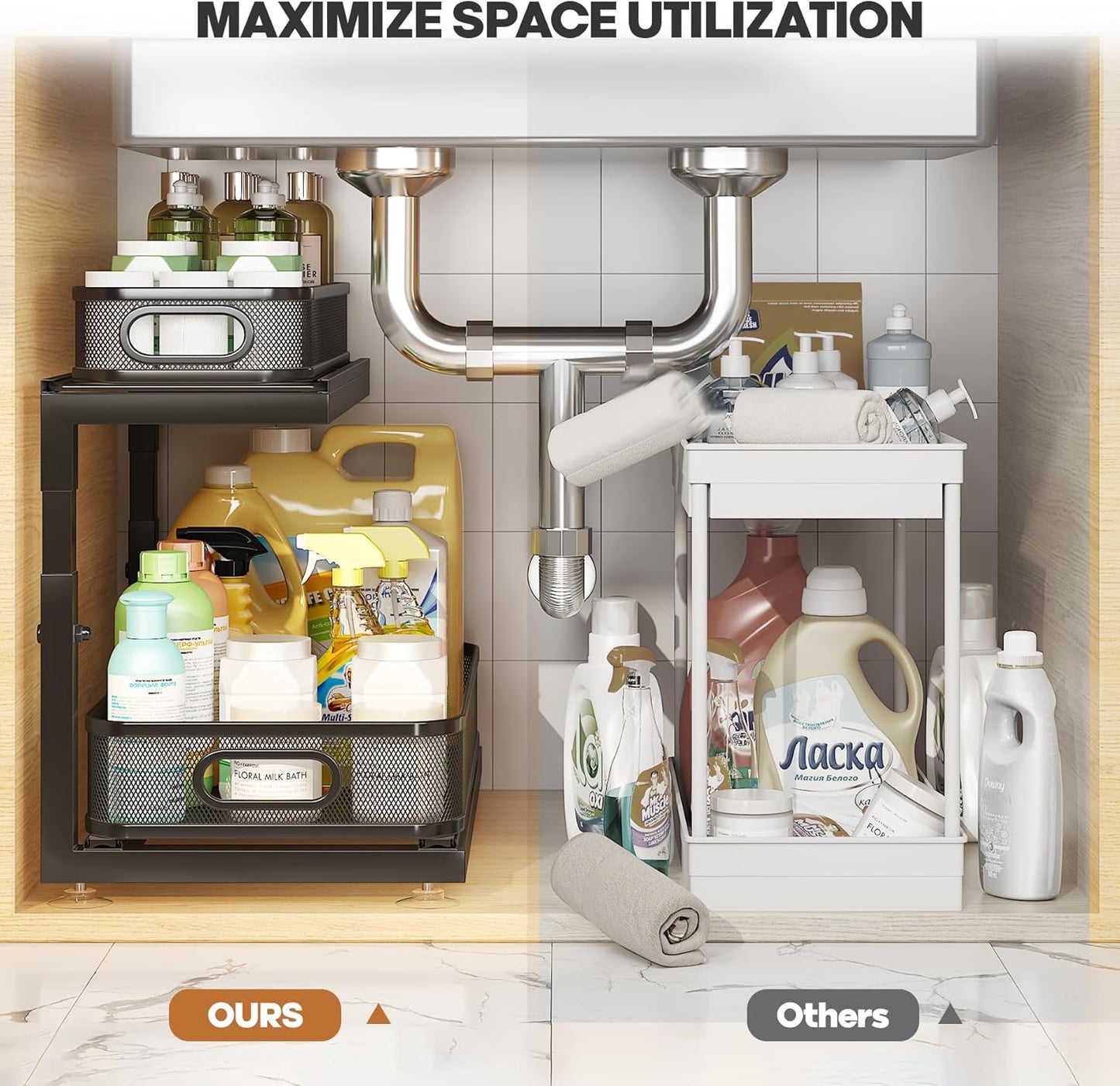 2-Pack 18.5 IN Depth Under Sink Organizer With Next-Gen Ball-Bearing Slides,Sophisticated Mesh 2-Tier Pull Out Shelf for Kitchen & Bathroom,Fits Small Items-Black