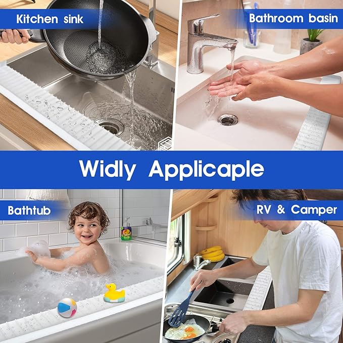 20"x4" Silicone Sink Edge Protector - Splash Guard with Suction Cups & 5° Tilt, Cuttable Edge Guard for Kitchen Sink, Bathroom,Granite & Quartz Countertops(White)