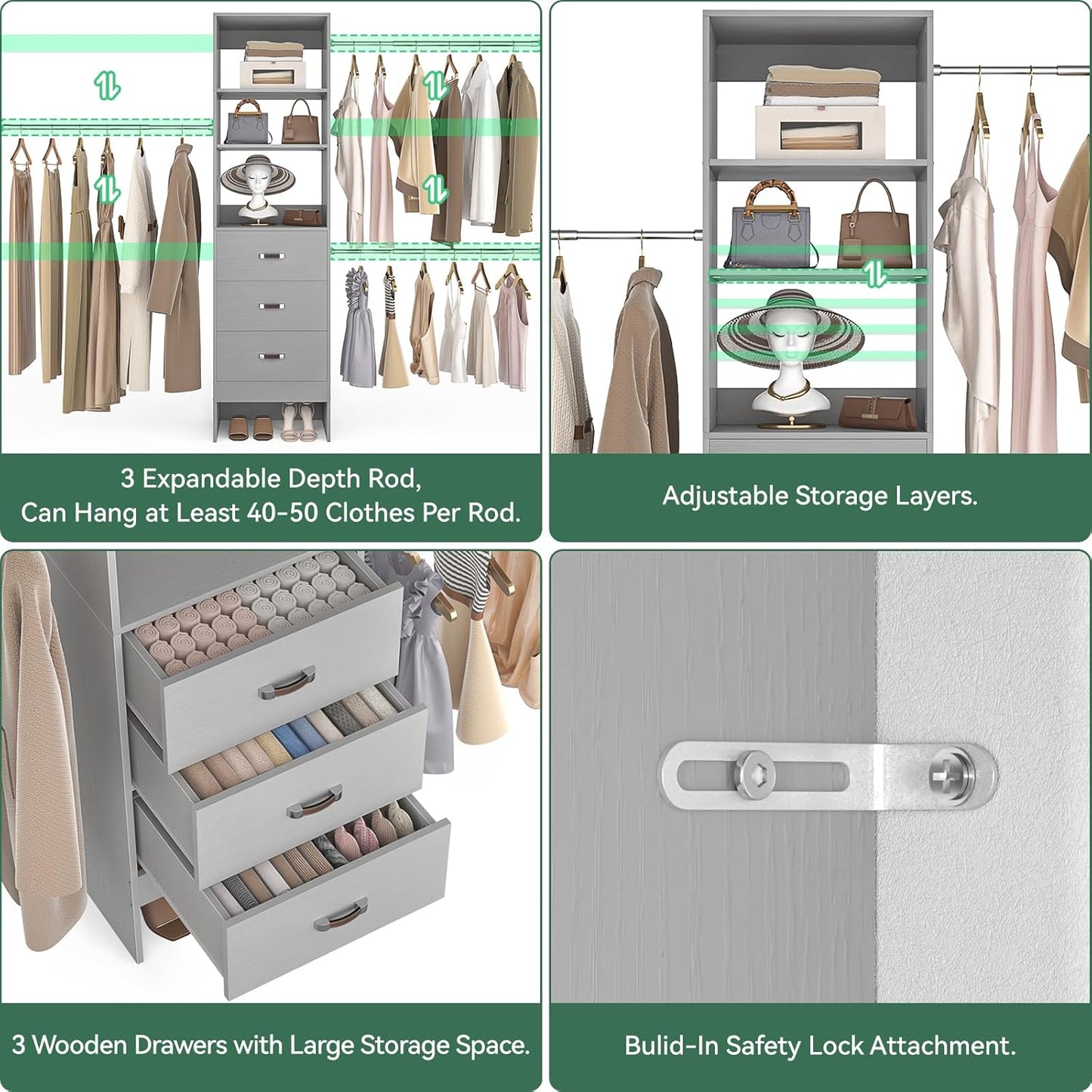 96'' Closet Organizer System with 3 Hanging Rods (Without 3 Storage Shelves), 8FT Closet Systems, Wall Mount Bedroom Wardrobe with 3 Wood Drawers, Adjustable Garment Rack from 5 to 8FT, Grey