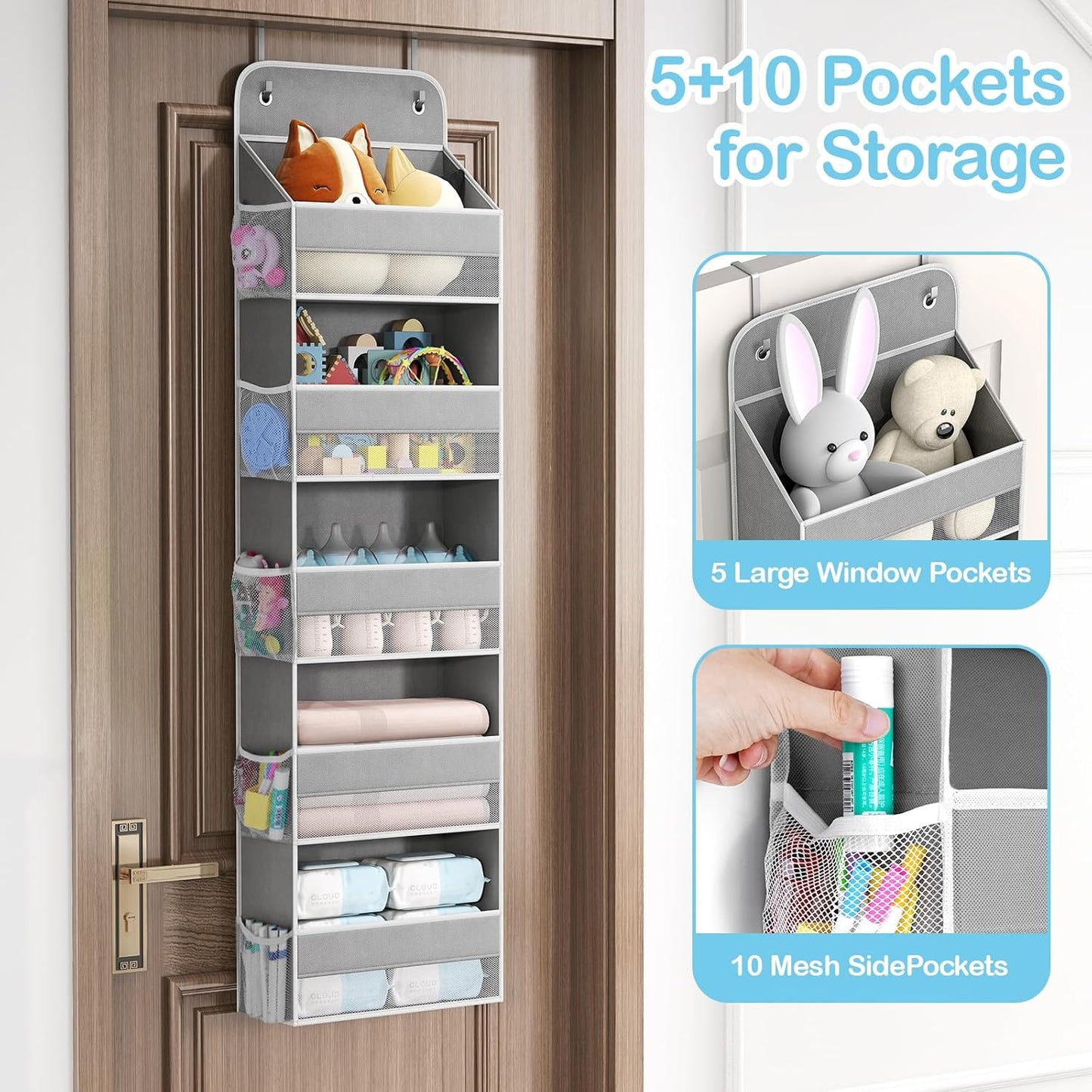 LAMU 5 Tier Over the Door Organizer Hanging, 5 Large Pockets and 10 Side Pockets Behind Door Storage for Baby Toys, 44lbs Back of Door Organizers Shelf for Closet, Nursery and Bathroom, 2 Pack (Grey)