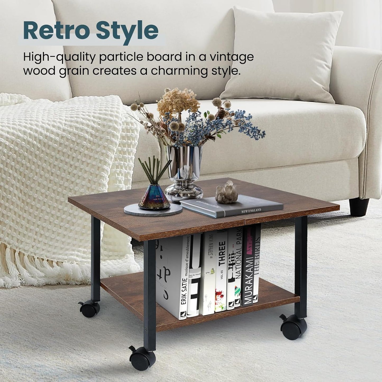 Printer Stand with Storage Under Desk Shelf, Desktop Printer Stand Organizer, Rolling Printer Cart Storage Paper Files Holder for Desk, Office, Home, (Rustic Brown)