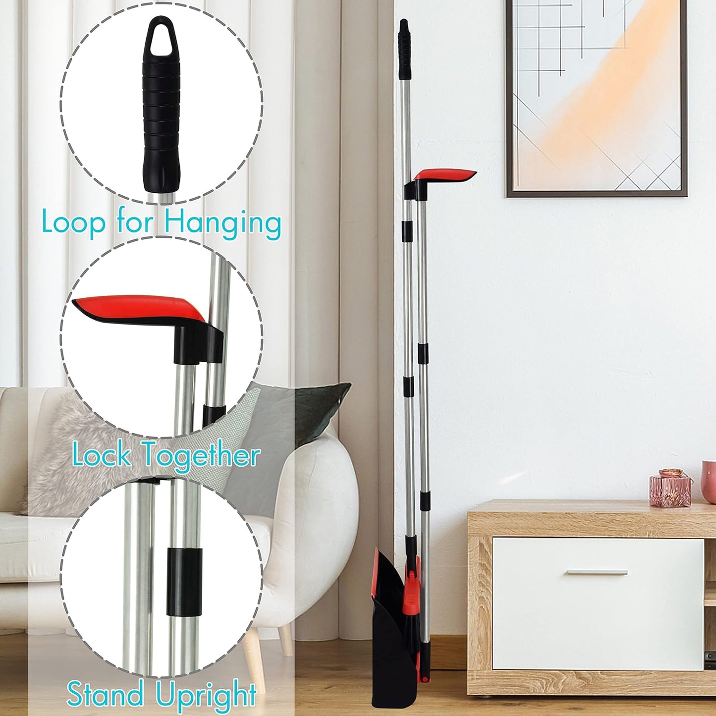 PHYEX 2-Pack Broom and Dustpan Combo Set, with 48" Adjustable Long Stainless Handles, Stand Up Dustpan with Self-Cleaning Teeth, Ideal for Home, Office, Kitchen, Indoor & Outdoor Use, Black