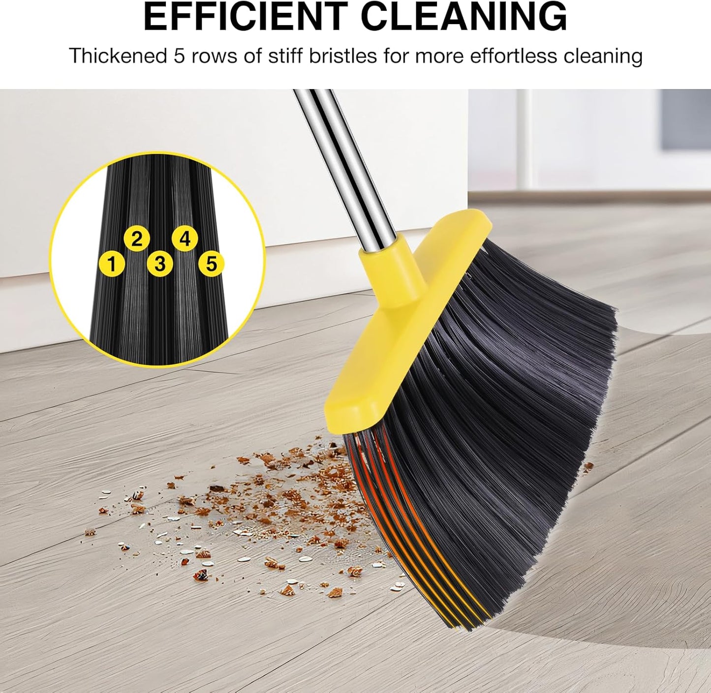 NACENA Broom and Dustpan Set, 52-in Long Adjustable Handle Broom Dustpan Combo with Dustpan Teeth to Automatically Clean Hair Suitable for Home Kitchen Office Hall Floor (Grey&Yellow), 4 Pack
