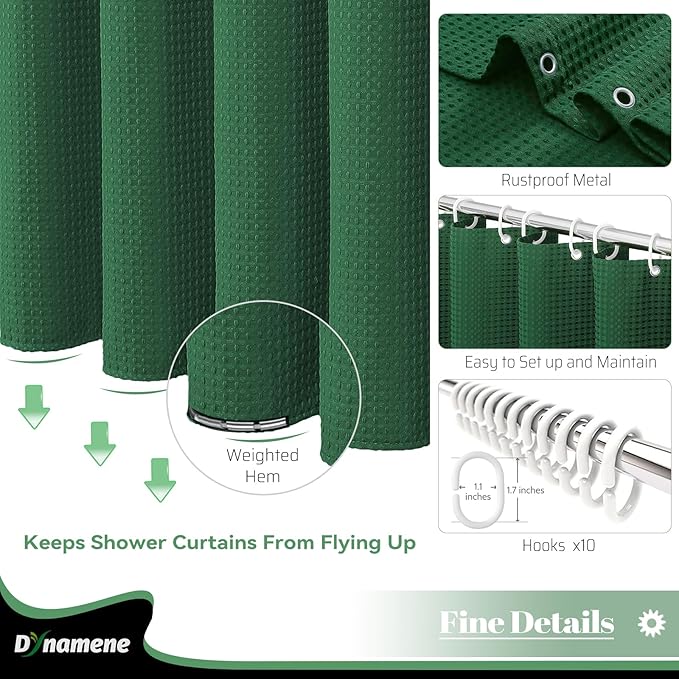 Dynamene Stall Fabric Shower Curtain - 54x78 inch Long Waffle Weave Weighted Thick Cloth Shower Curtains for Bathroom,Heavy Duty Hotel Spa Luxury Bath Curtain Set with 10 Plastic Hooks, Dark Green