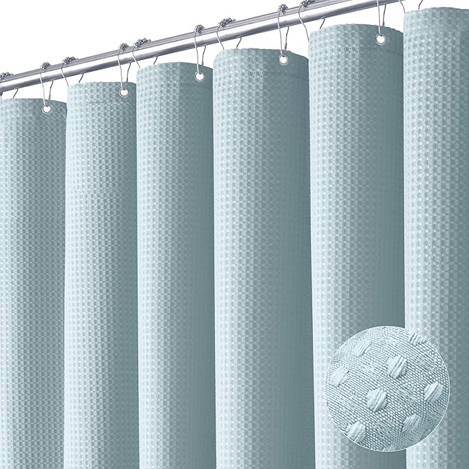 Dynamene Extra Long Shower Curtain - 84 Inch Long Fog Blue Waffle Weave Heavy Duty Fabric Bathroom Shower Curtain, Neutral Weighted Hotel Thick Bath Curtain Set with 12 Plastic Hooks,72x84, Fog Blue