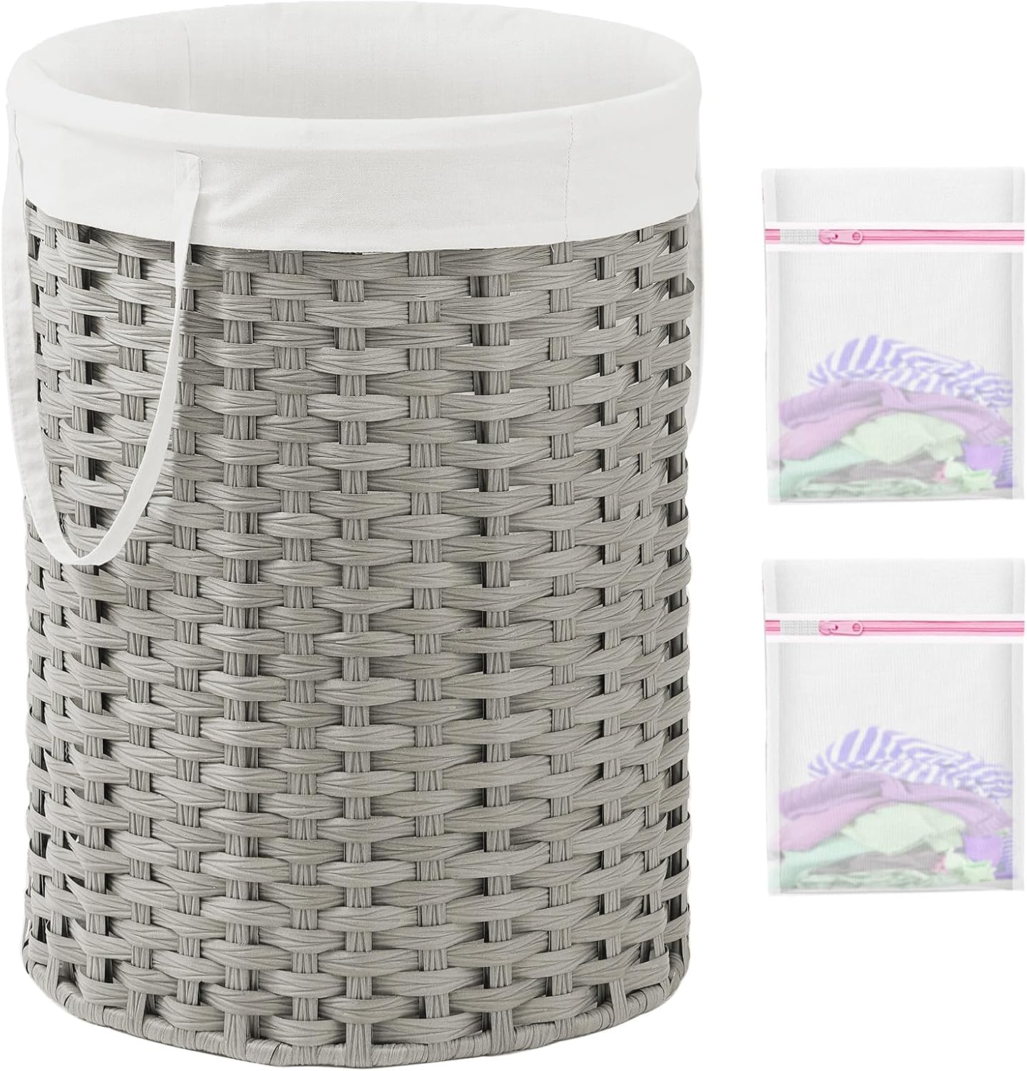 Laundry Basket Round Rattan Laundry Hamper 29.1 Gal (110 L) Handwoven Large Wicker Basket with Handles, Wicker Hamper with Removable Bags and 2 Mesh Bags for Bathroom Living Room Gray