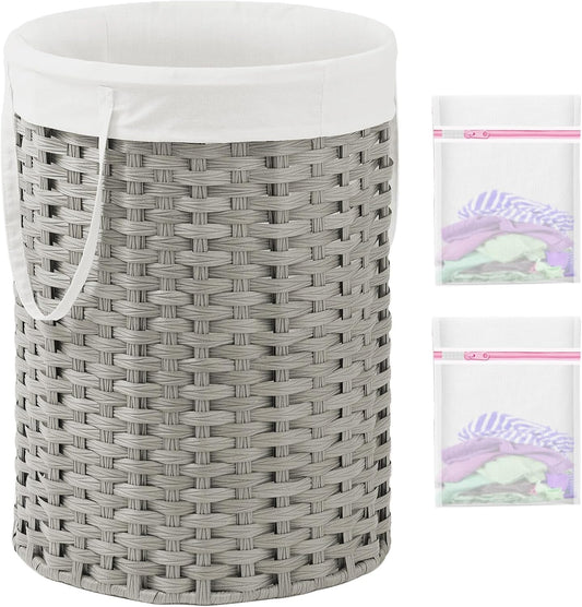 Laundry Basket Round Rattan Laundry Hamper 29.1 Gal (110 L) Handwoven Large Wicker Basket with Handles, Wicker Hamper with Removable Bags and 2 Mesh Bags for Bathroom Living Room Gray
