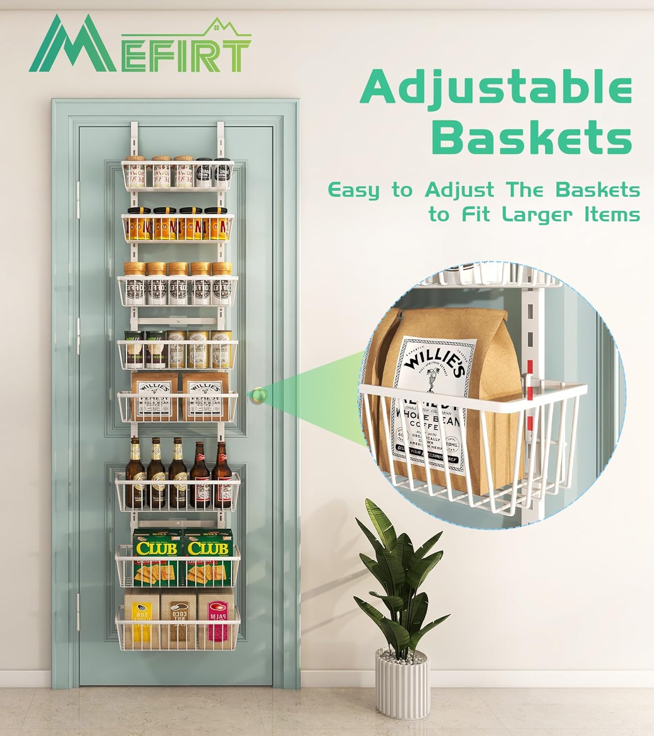 White 12 Inch Wide Narrow Over The Door Pantry Organizer, Pantry Organization and Storage, 8-Tier Metal Hanging Deep Basket Wall Spice Rack Seasoning Shelves, Home & Kitchen Essentials