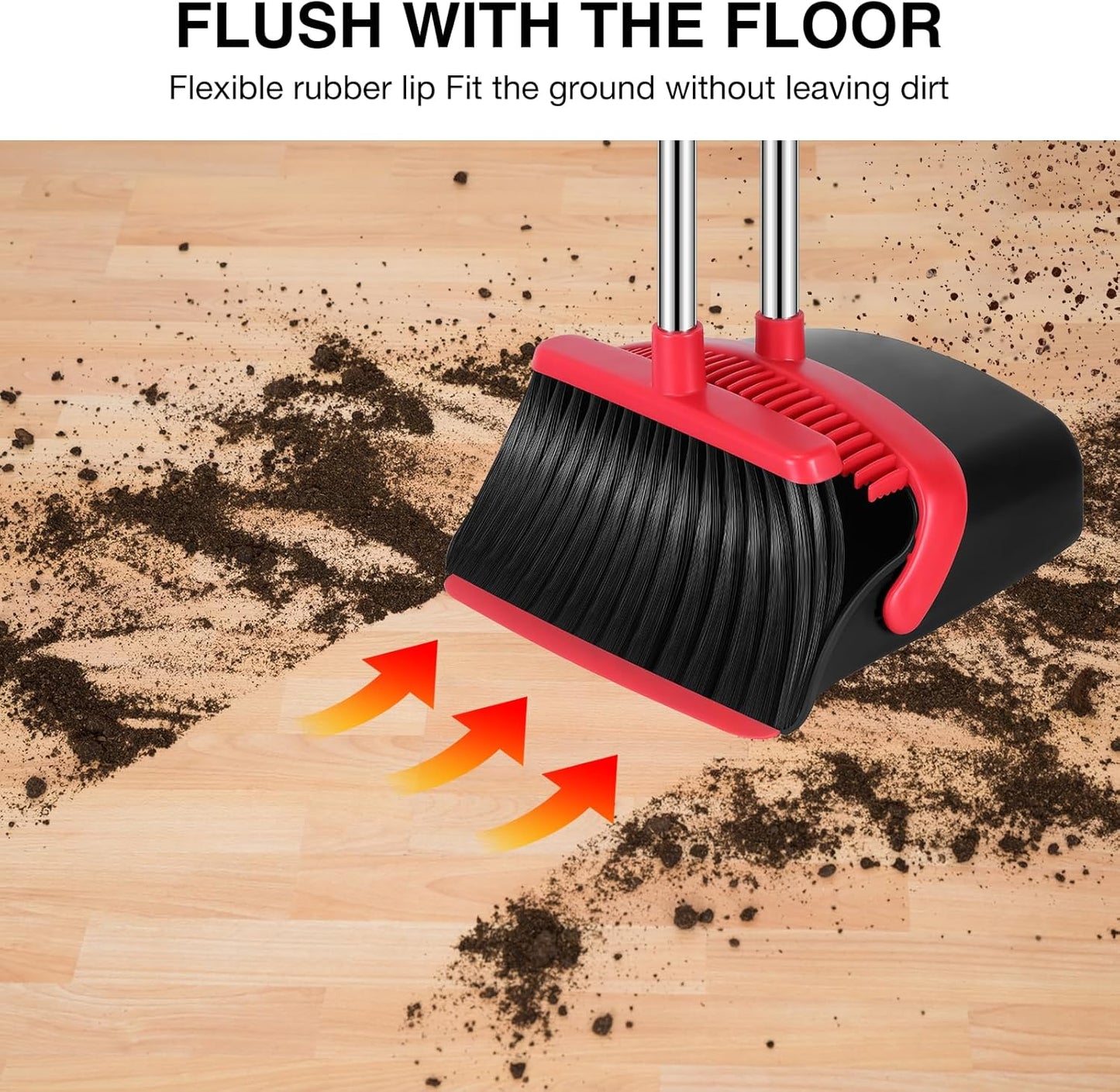 NACENA Broom and Dustpan Set, 52-in Long Adjustable Handle Broom Dustpan Combo with Dustpan Teeth to Automatically Clean Hair Suitable for Home Kitchen Office Hall Floor (Black&Red), 4 Pack