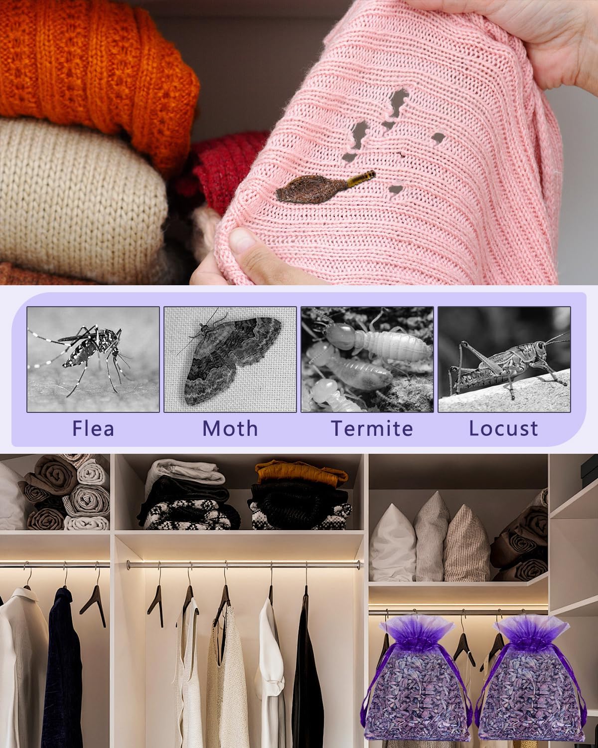 20 Pack Lavender Sachet Bags, 100% Natural French Dried Lavender Sachets for Drawers and Closets, Strong Smell Fragrance Fresh Scents Home