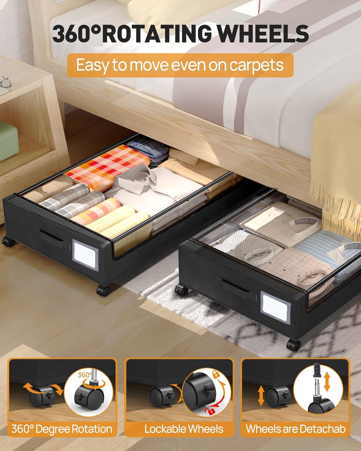 Under Bed Storage, Underbed Storage With Wheels, Under The Bed Storage for Clothes, Blankets, Shoes... (Black, 1 Pack)