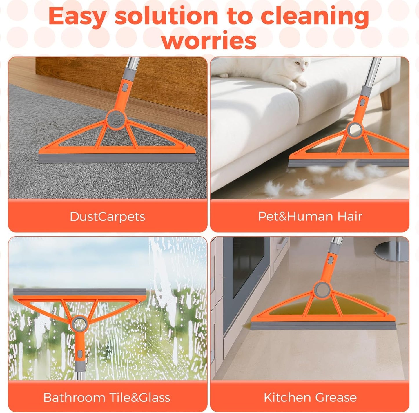 2-in-1 Air Broom, 180° Rotating 54 Inch Adjustable Silicone Rubber Broom Includes 2 Scraping Strips, Sweep and Silicone Tools with Long Handle for Cleaning Bathrooms,Glass,Tiles,Pet Hair