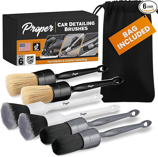 Premium Car Detailing Brush Set - Complete Professional 6 Pack Kit Detail Brushes with Soft Boars Hair Bristles for Auto Interior & Exterior - for Cleaning Leather Seats, Air Vents, Wheels & Emblems