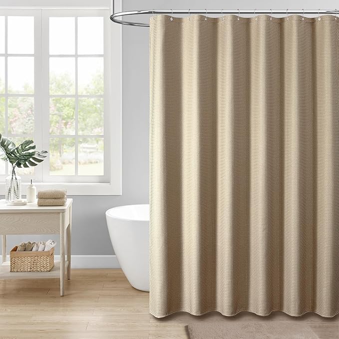 Dynamene Extra Long Shower Curtain,96 Inch Long Waffle Weave Heavy Duty Thick Fabric Bathroom Shower Curtain, Neutral Weighted Hotel Bath Curtain Set with 12 Plastic Hooks,72x96,Beige/Khaki