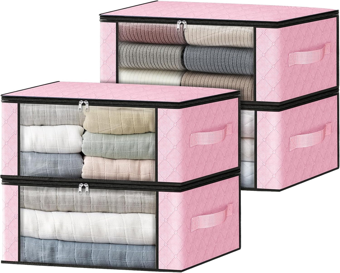 HomeHacks Storage 4-Pack Clothes Organizer Storage Bags Foldable Storage Box with Large Clear Window Sturdy Handles for Closet, Dorm, Pillows, Bedding, Clothes, Blankets, 35L, Pink