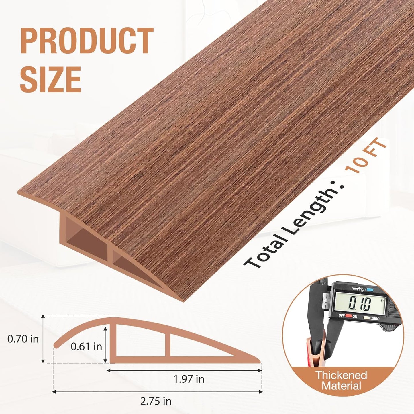 Floor Transition Strip Self Adhesive Vinyl Door Threshold for Doorways Carpet Edging Trim Overlap Edge Reducer for Laminate Floor, Carpet, Tile (Light Brown Wood Grain, 2/5" to 3/5", 10Ft)