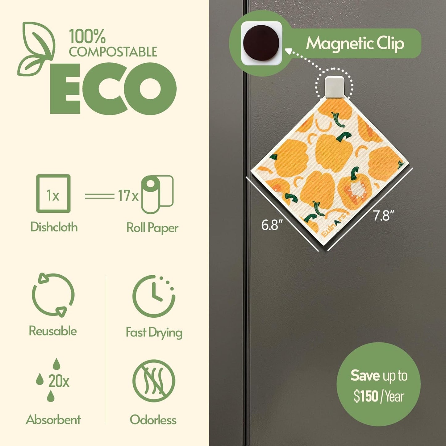 Reusable Paper Towels, Swedish Dishcloths for Kitchen 8-Pack, Non-Scratch Swedish Dish Towels, Super Absorbent Cellulose Dish Cloths, No Odor Dish Rags