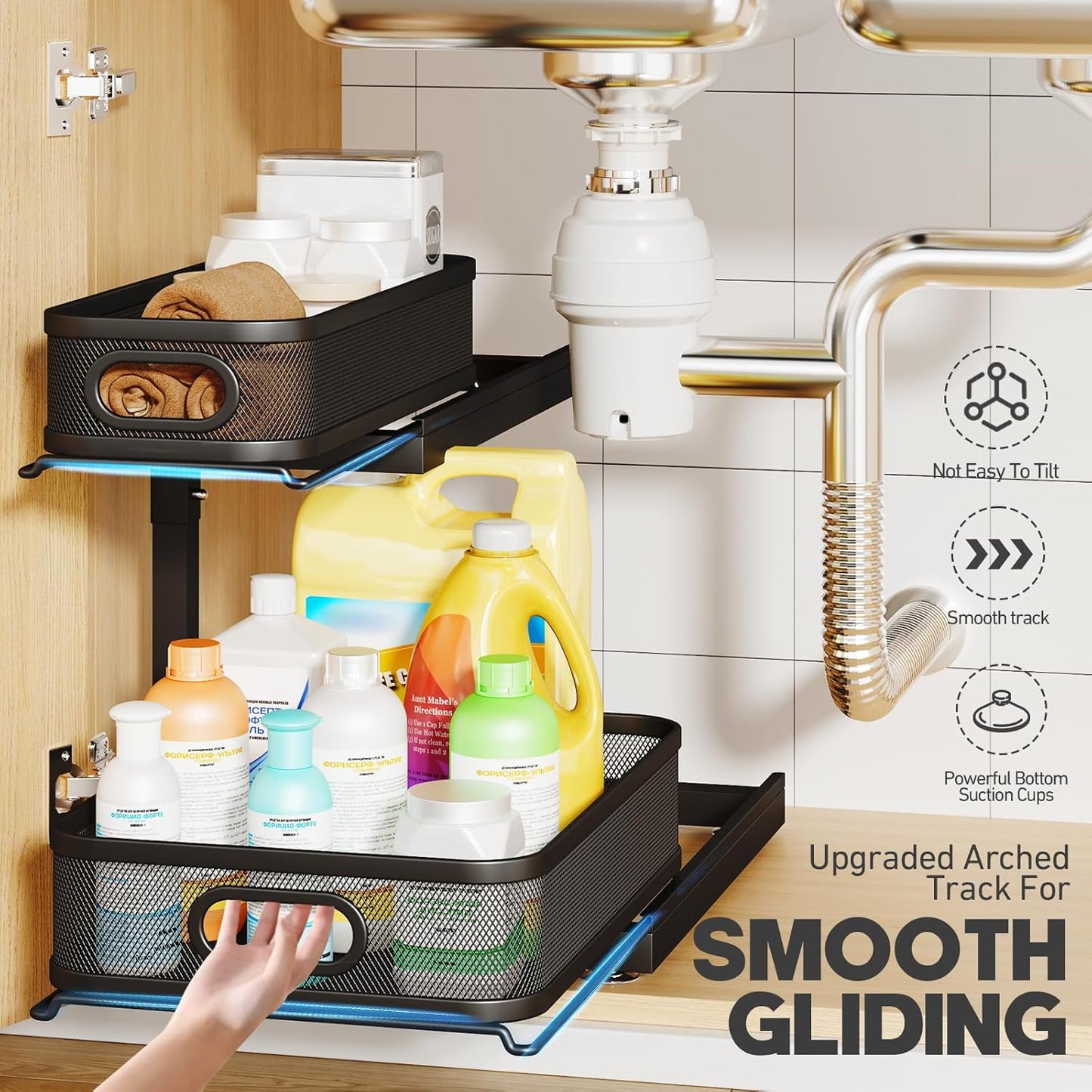 1-Pack Under Sink Storage Organizer with 2-Tier Slide Out Drawer, Sophisticated Mesh Pull Out Shelf for Kitchen & Bathroom, Fits Small Items, Upgraded Arched Track for Smooth Gliding-Black