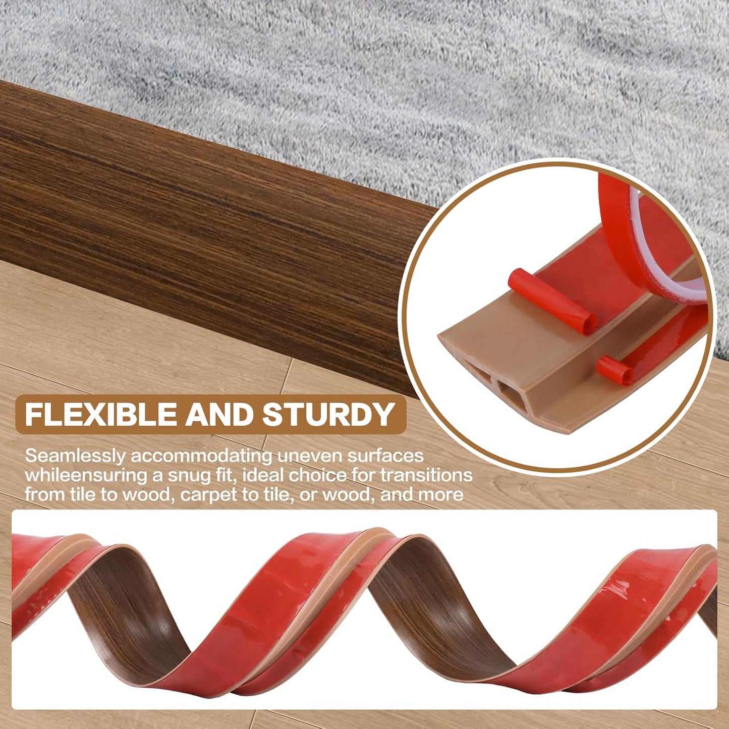 Floor Transition Strip Vinyl Door Threshold Ramp Self Adhesive Carpet Edging Strip Doorway Edge Trim, Overlap Edge Reducer for Laminate Carpet, Floor, Tile (Brown Wood Grain, 2/5" to 3/5", 6.6Ft)