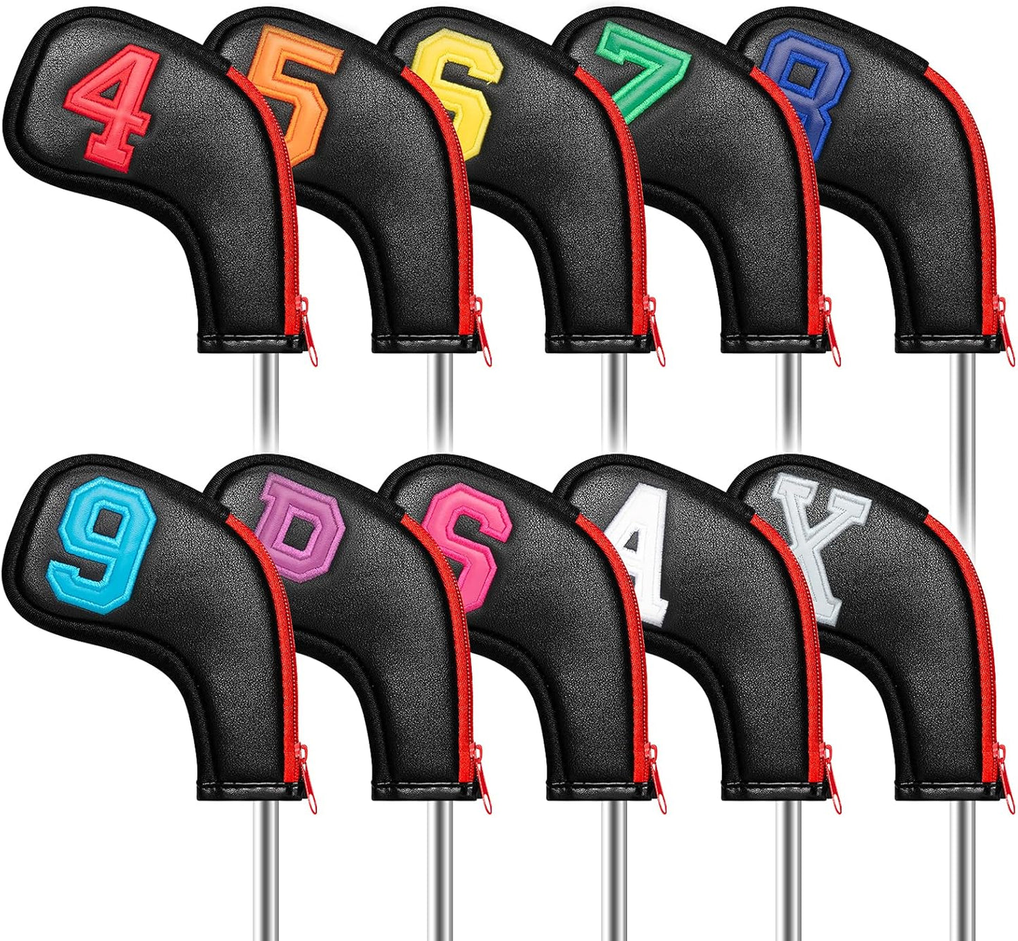 wosofe Golf Head Covers for Iron Headcover with Zipper Black Leather 10pcs Set Colorful Number Embroideried PU Leather Waterproof Fit All Brands
