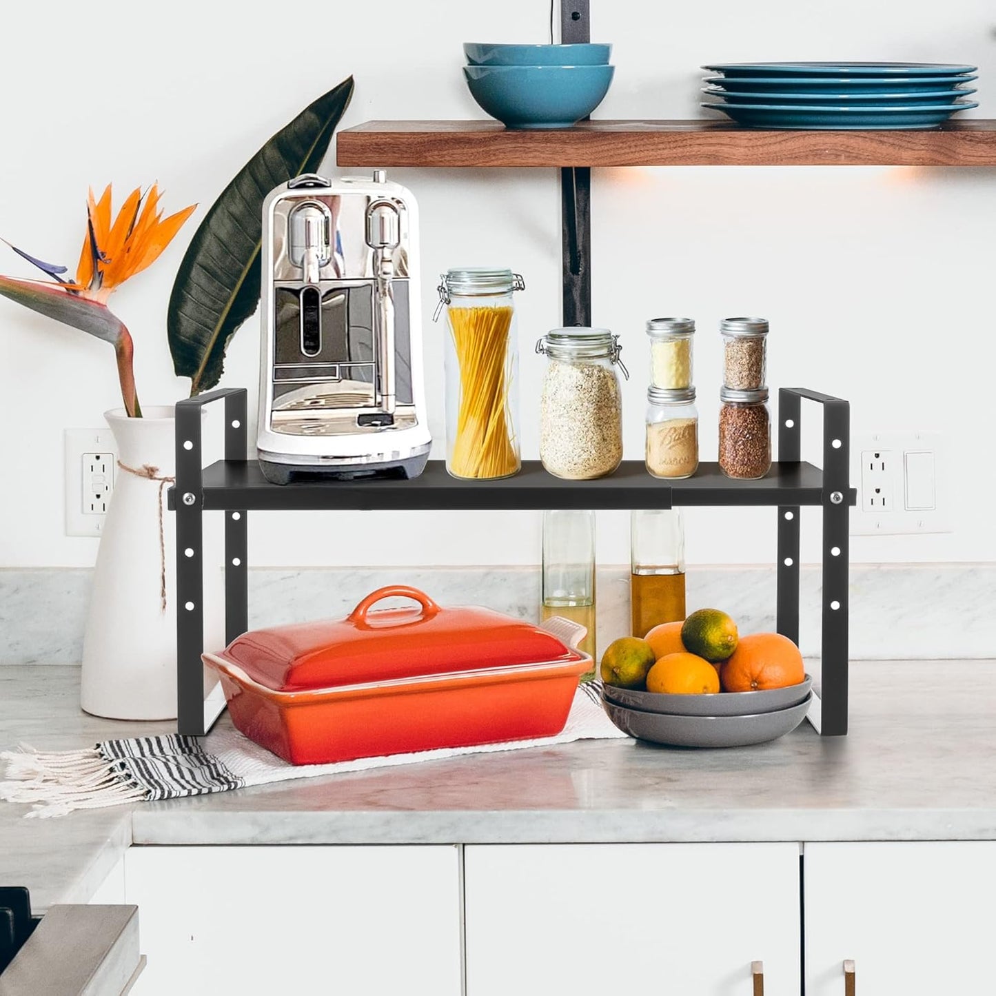 Expandable Cabinet Shelf Organizer Rack, Stackable Kitchen Counter Storage Shelves Stand, Adjustable Height Pantry Shelf Spice Rack (Black, 1 Pack)