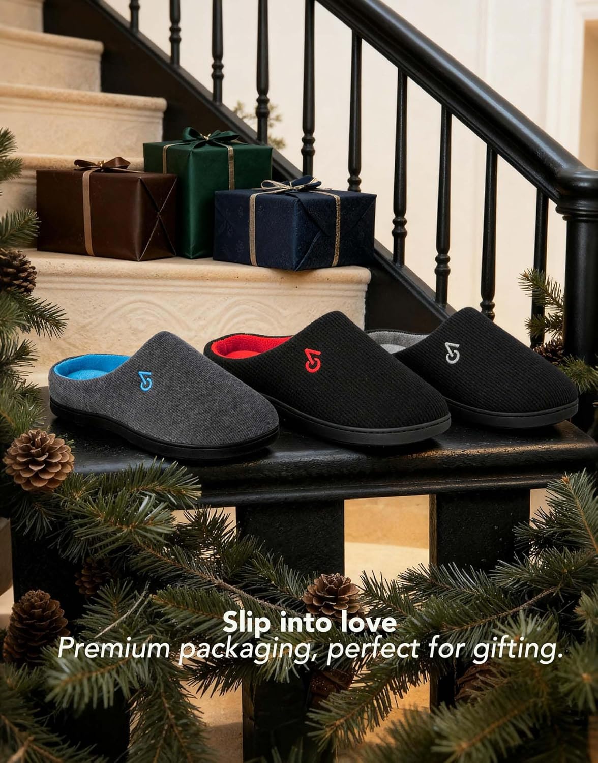 VeraCosy Men's Two-Tone Memory Foam House Slippers Indoor Outdoor Durable Rubber Sole