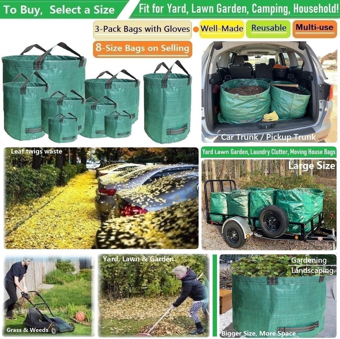 Professional 3-Pack 137 Gallon Lawn Garden Bags (D34, H34 inches) Big Yard Waste Bags with Garden Gloves, Extra Large Reusable Leaf Bags,Garden Clippings Bag,Leaf Container,Yard Trash Bags 4 Handles