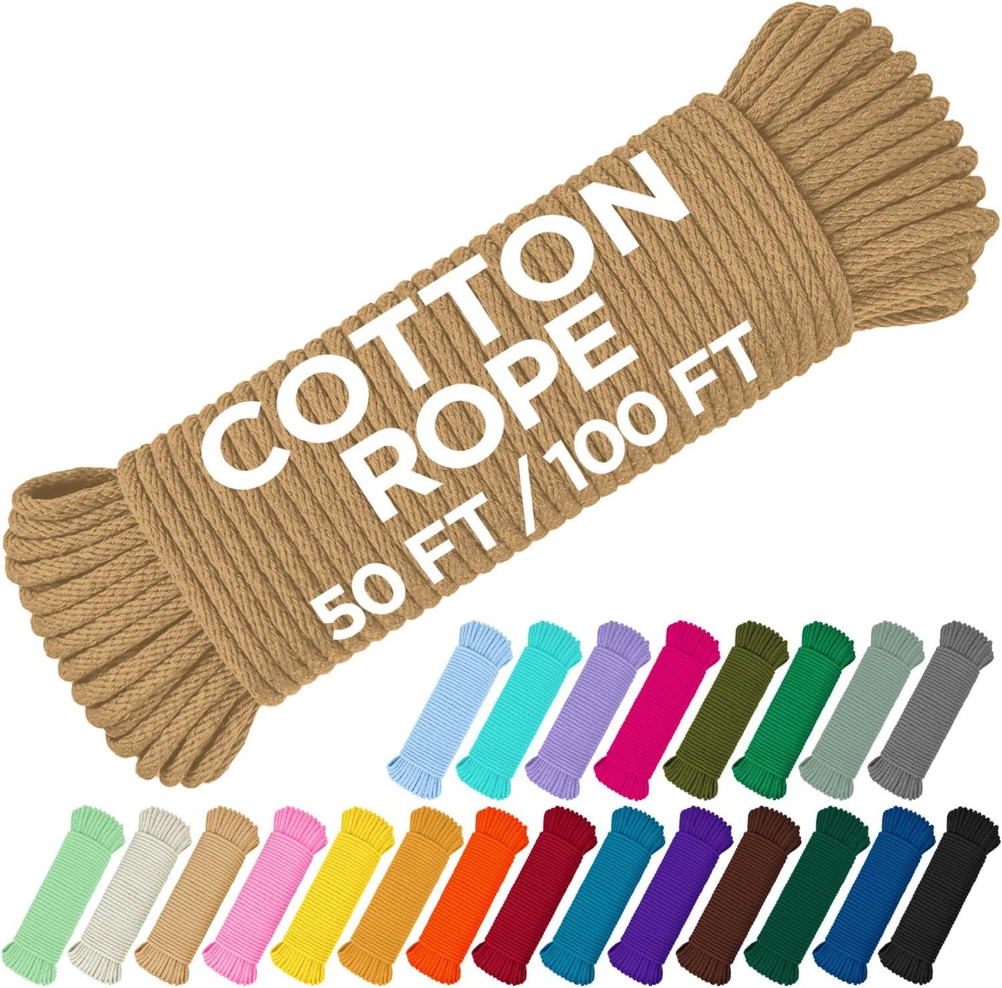 TECEUM Cotton Rope 3/16” (5 mm) – 100 FT – Strong All-Purpose Braided Rope – Natural Cotton – for Crafting, Сamping, Clothes Line, DIY, Indoor & Outdoor Use – Cappuchino