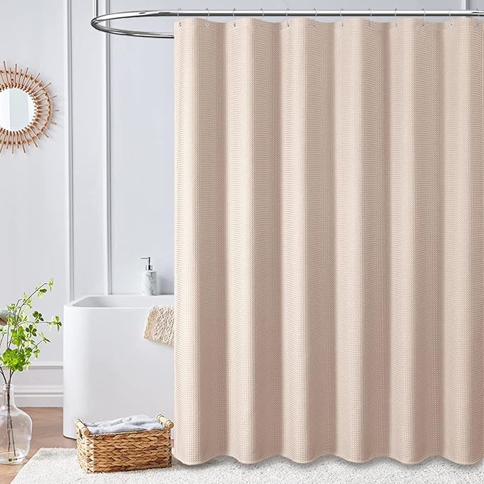 Dynamene Extra Long Shower Curtain - 84 Inch Long Waffle Weave Heavy Duty Fabric Bathroom Shower Curtain, Neutral Weighted Hotel Thick Bath Curtain Set with 12 Plastic Hooks,72x84, Blush Pink
