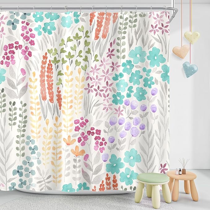 Teal Blue Cute Floral Shower Curtain, Colorful Boho Flower Fabric Shower Curtain, Funky Watercolor Wildflower Shower Curtain Set, Cottagecore Bohemian Bathroom Decor, 72x72