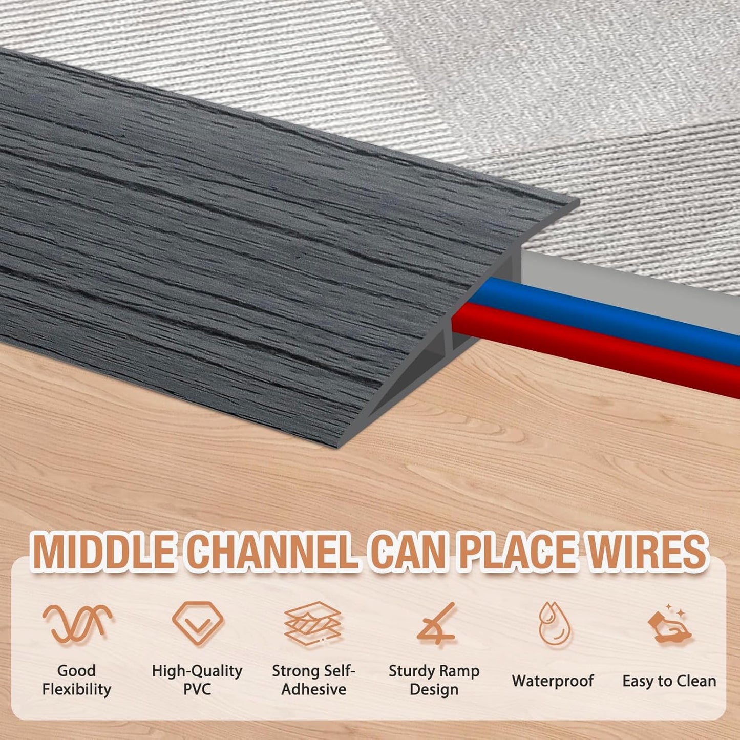 Floor Transition Strip Self Adhesive Vinyl Door Threshold for Doorways Carpet Edging Trim Overlap Edge Reducer for Laminate Floor, Carpet, Tile (Deep Gray Wood Grain, 1/5" to 2/5", 3.3Ft)