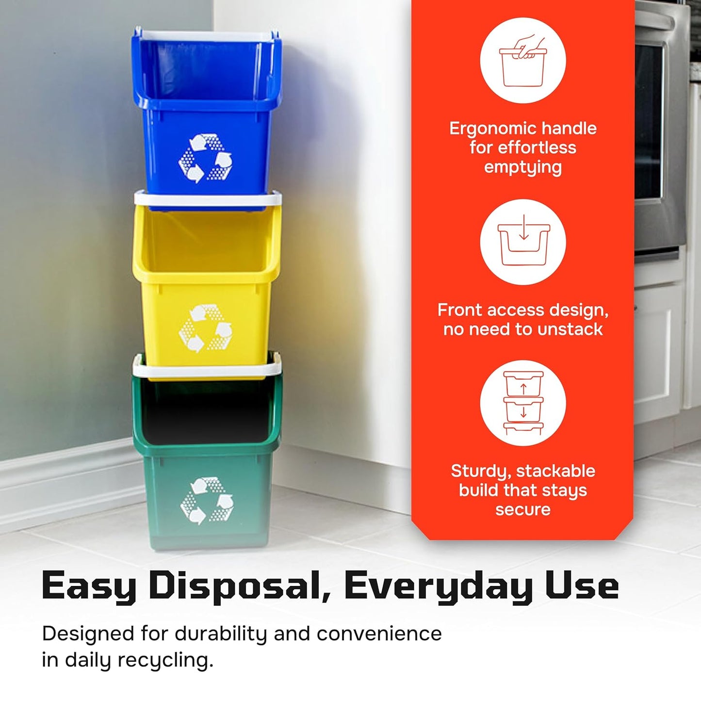 Multi Recycling Bin System with Three Stacking 6 Gallon Bins with Carrying Handles, Stackable and Compact for Offices, Homes, Garages, Businesses - (Yellow, 1 Pack)