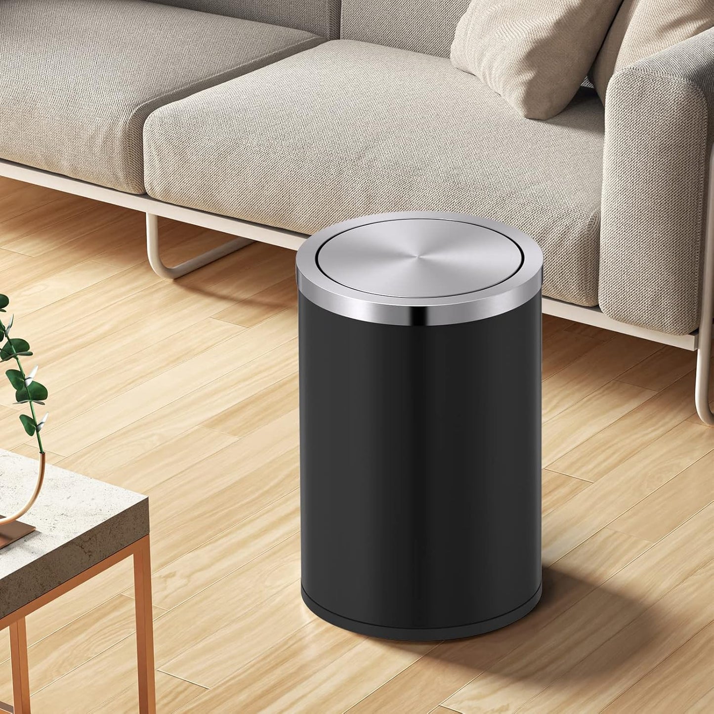 Mbillion Small Trash Can with Swing Lid 2.4 Gallons/9 Liter, Mini Trash Can with lid, Stainless Steel Cylindrical Garbage Can for Home and Office Bathroom Bedroom, for Ground and Desktop(Black)