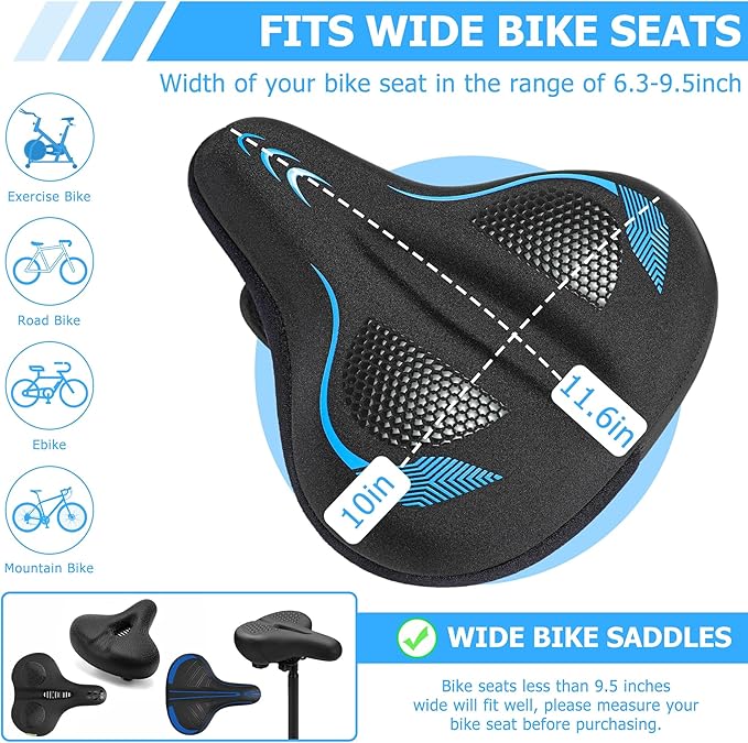 Gel Bike Seat Cushion, Soft Gel Padded Bicycle Seat Cover for Men & Women Comfort, Extra Padding Cycle Seat Cushion for Peloton, Stationary Exercise Bike, Beach Cruiser, Ebike, MTB, Road Bicycle