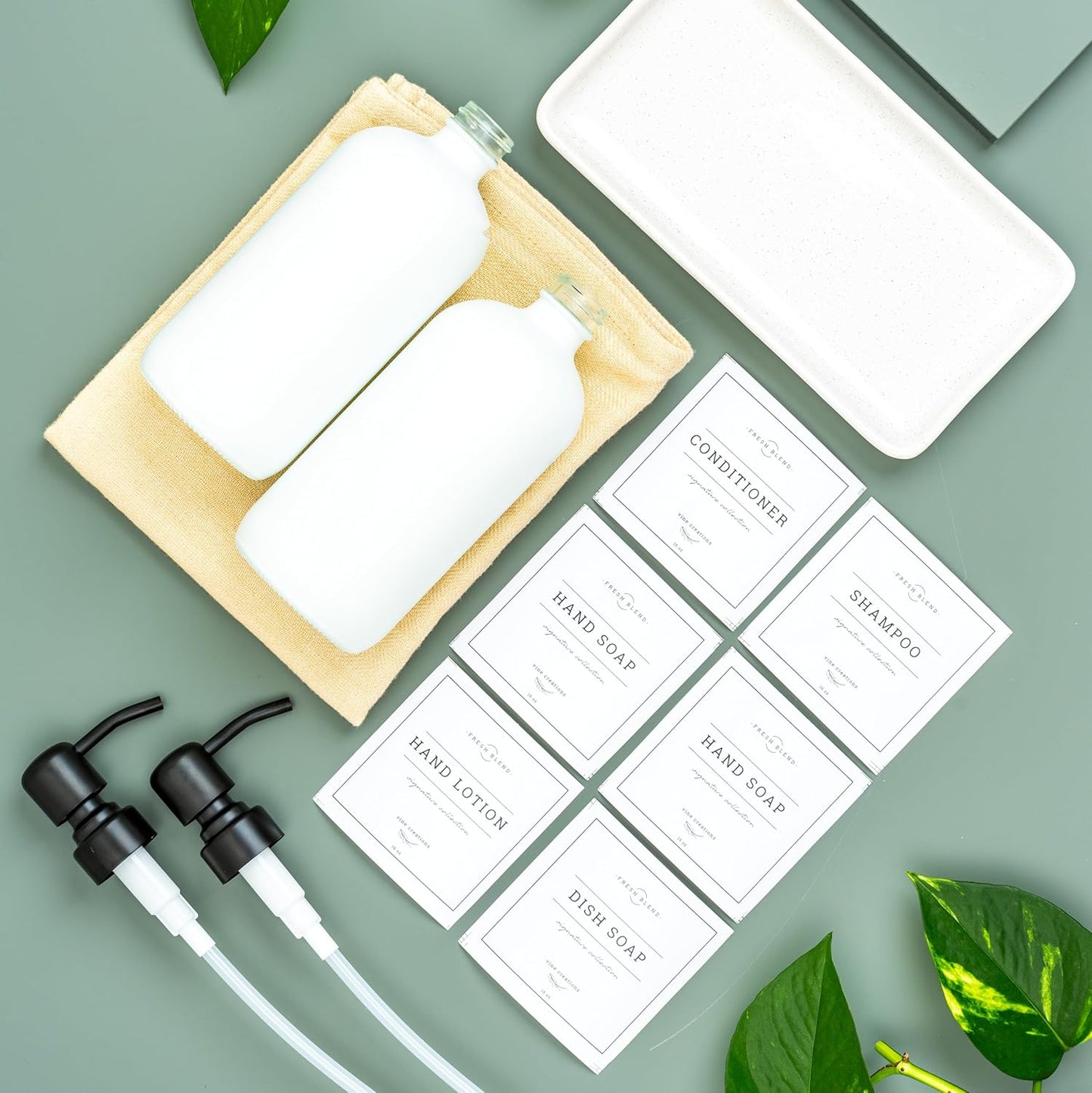 Vine Creations Glass Soap Dispenser, 2 Pack Kitchen Soap Dispenser Set with Ceramic Tray, Stainless Steel Pump, Dish Soap and Hand Soap Dispensers for Bathroom or Kitchen Decor with Waterproof Labels